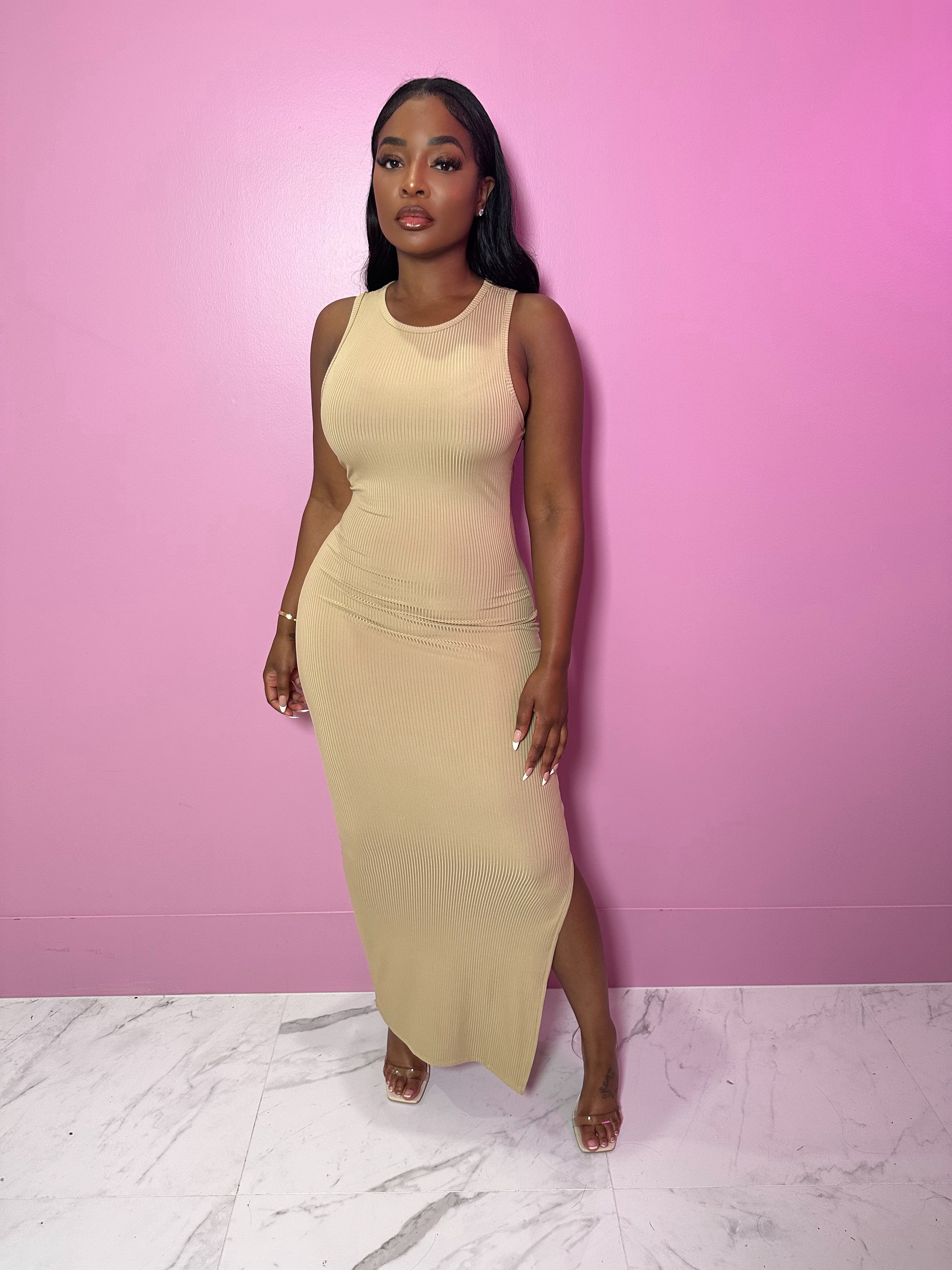 Tan side split dress