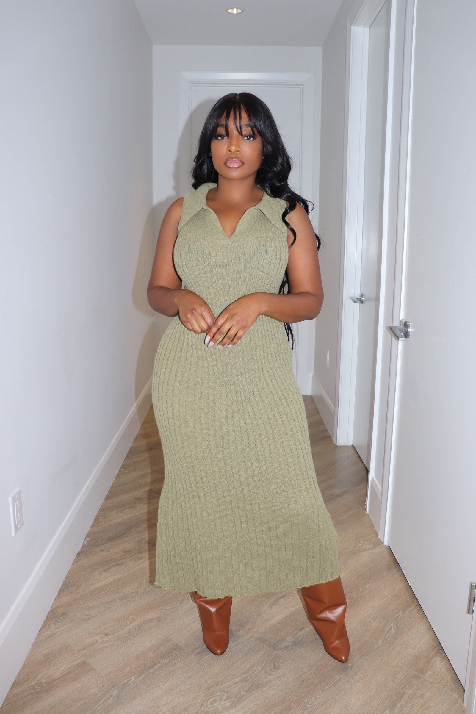 Olive collar sweater dress