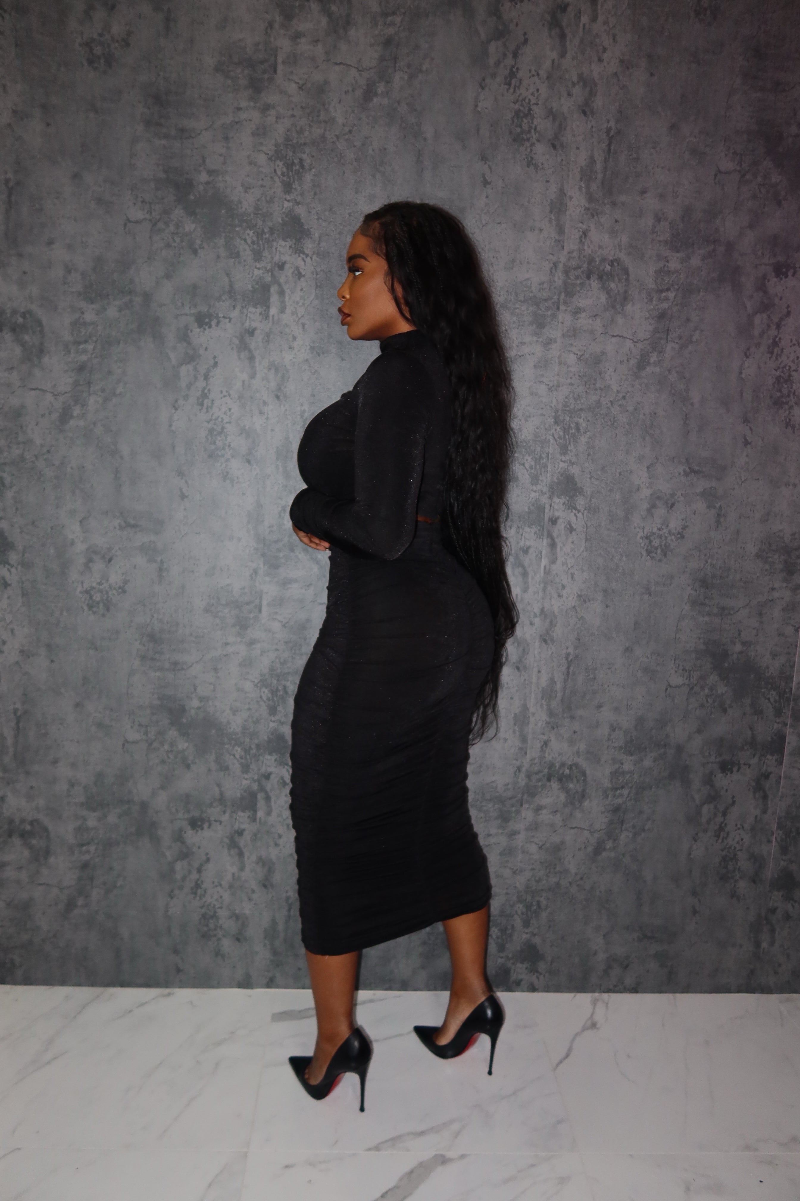 Black ruched skirt set