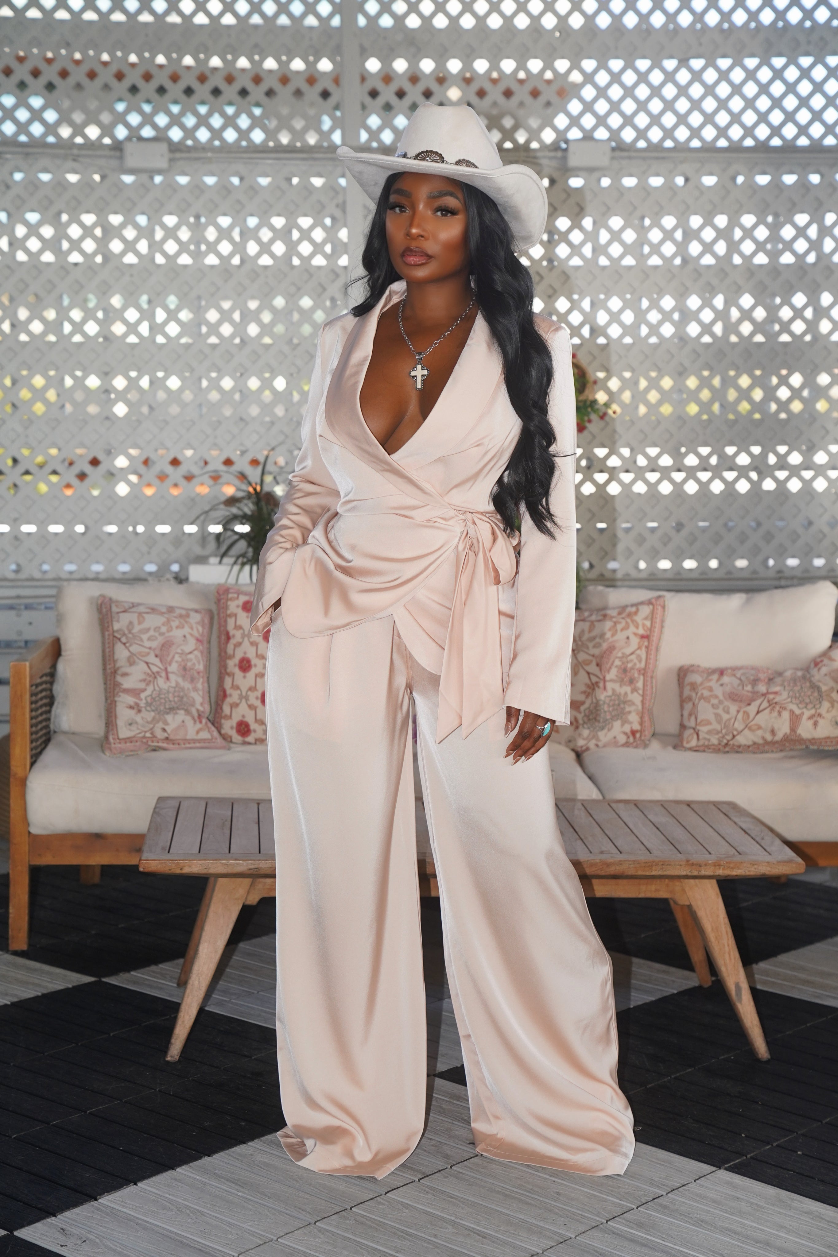Blush satin suit