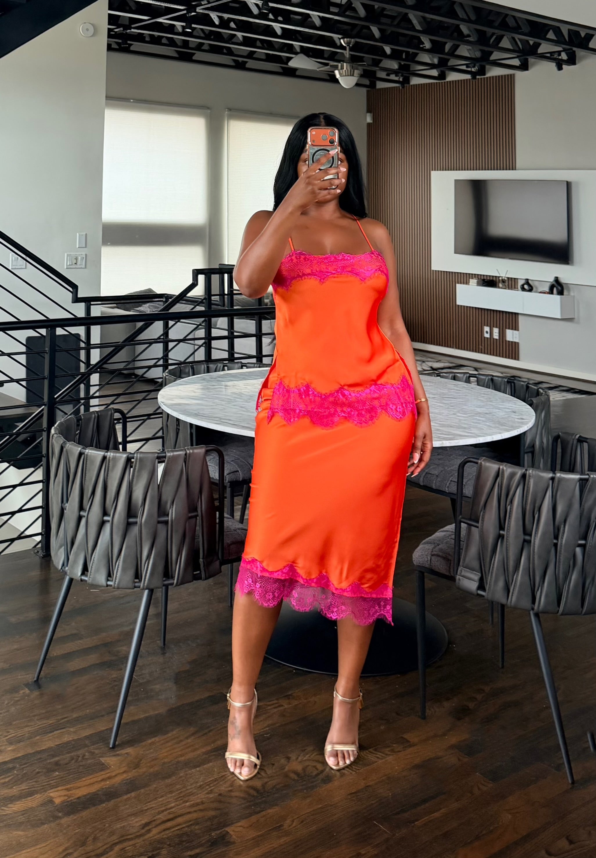Tangerine satin lace skirt set