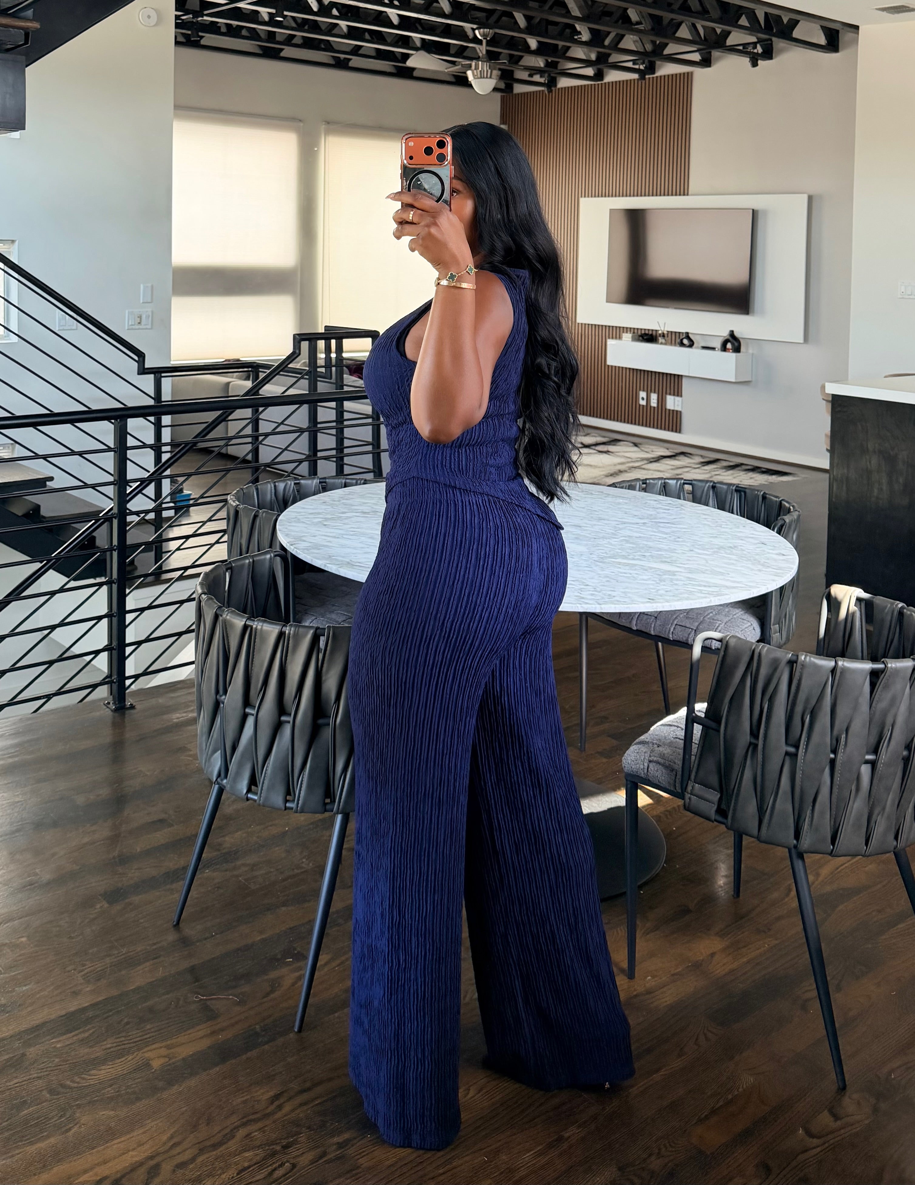 Navy Textured Pant Set