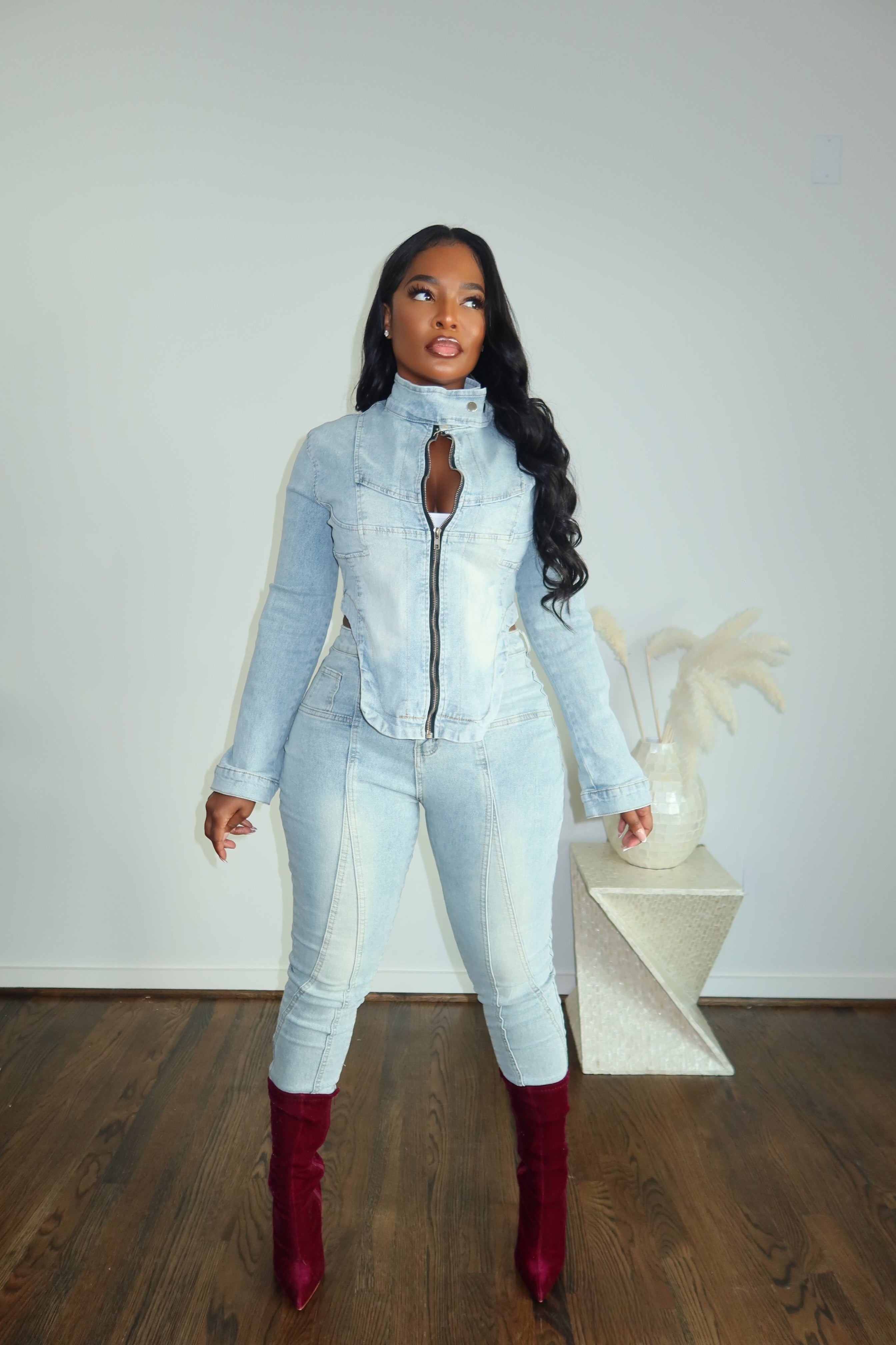 V cut denim pant set