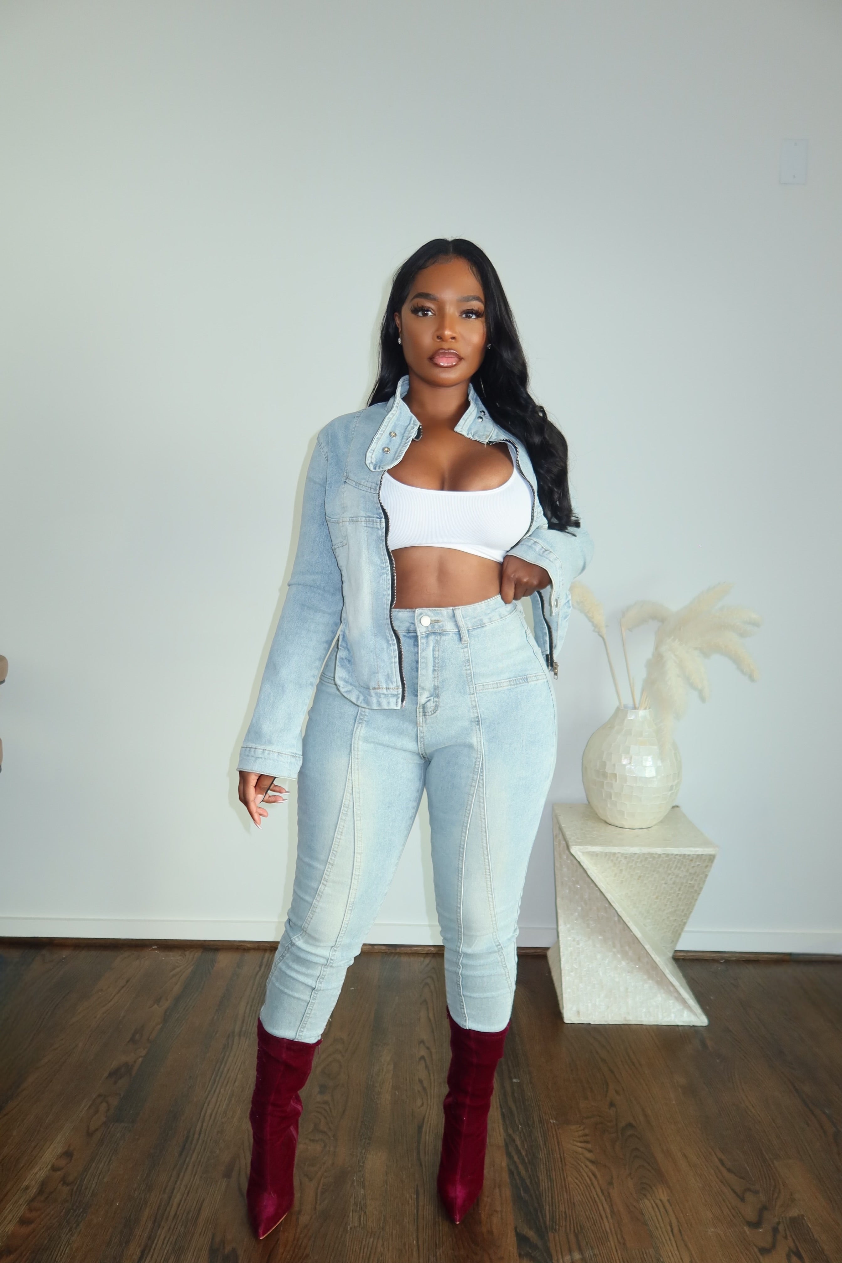V cut denim pant set