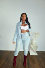 V cut denim pant set