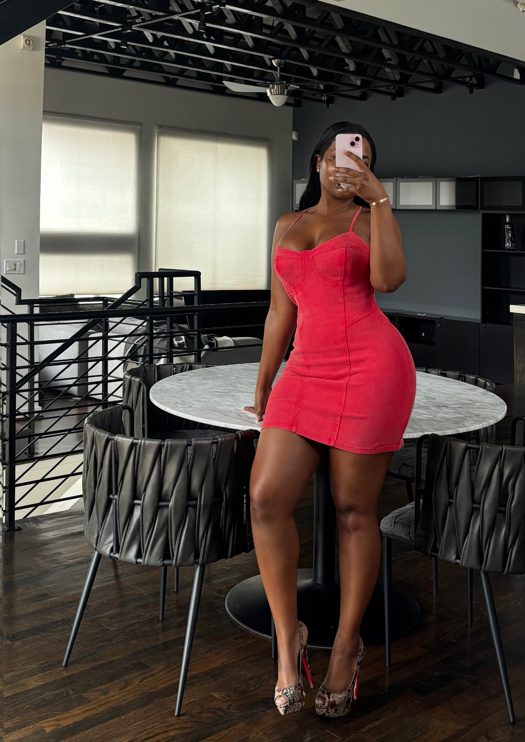 Red denim mini dress