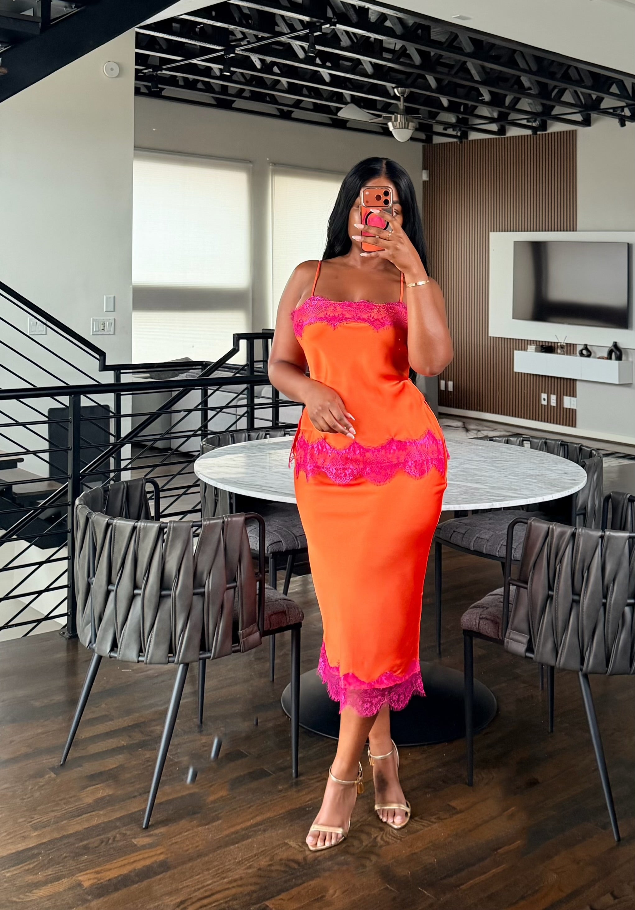 Tangerine satin lace skirt set