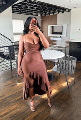 Brown Ruffle Slip Dress
