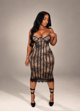 Nude through lace bustier dress