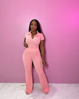 Pink Textured Collard Pant Set
