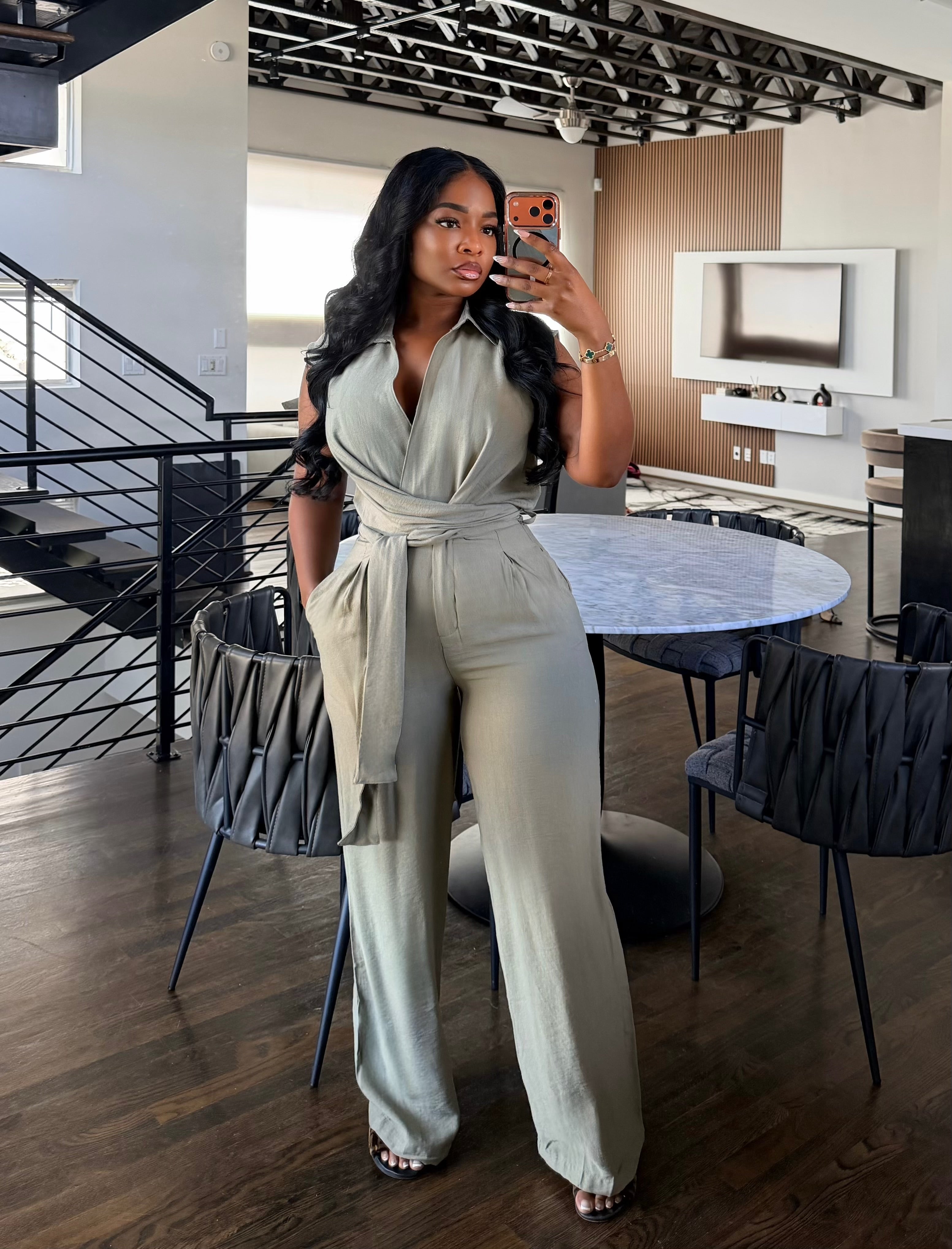 Sage wrap jumpsuit