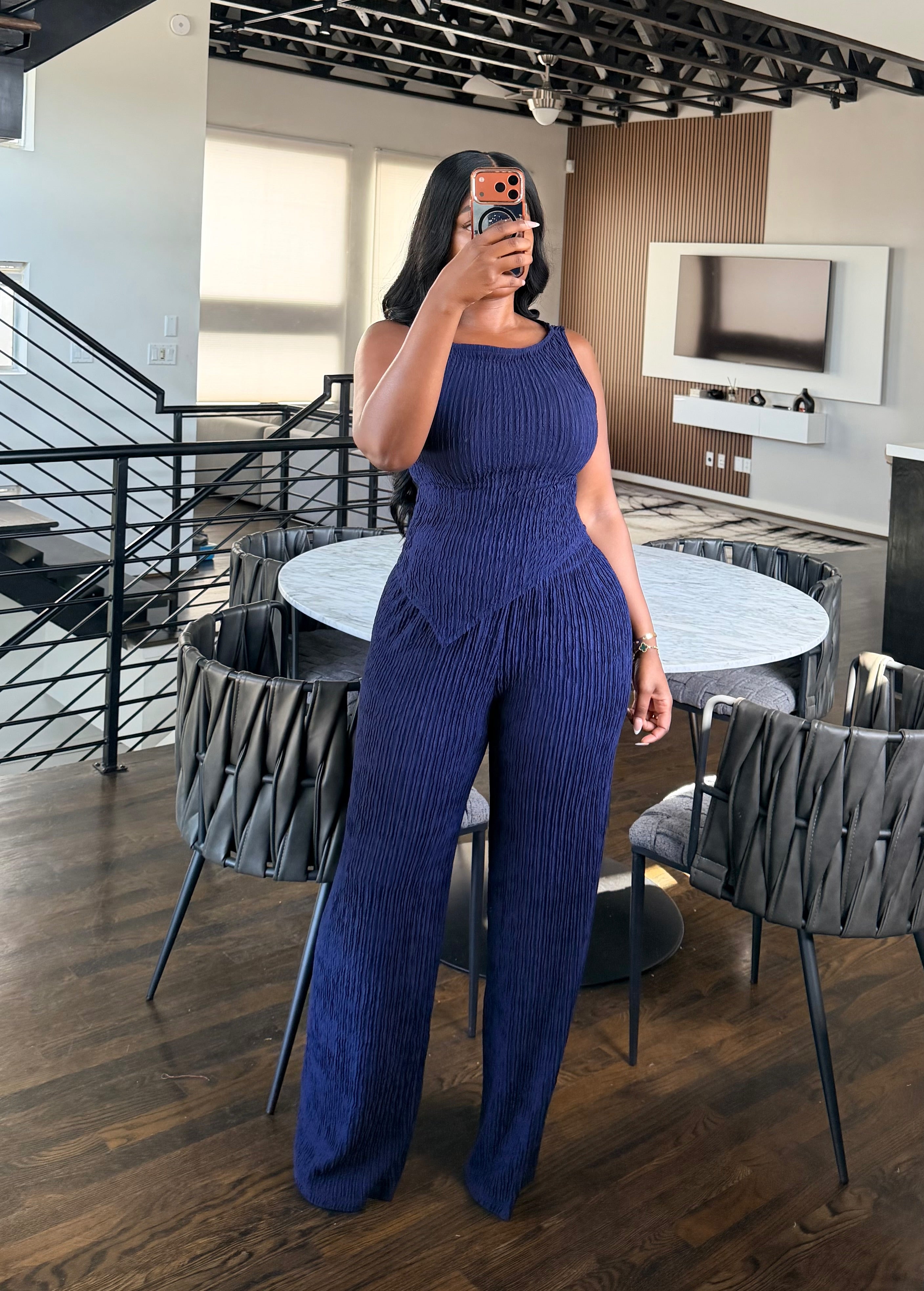 Navy Textured Pant Set