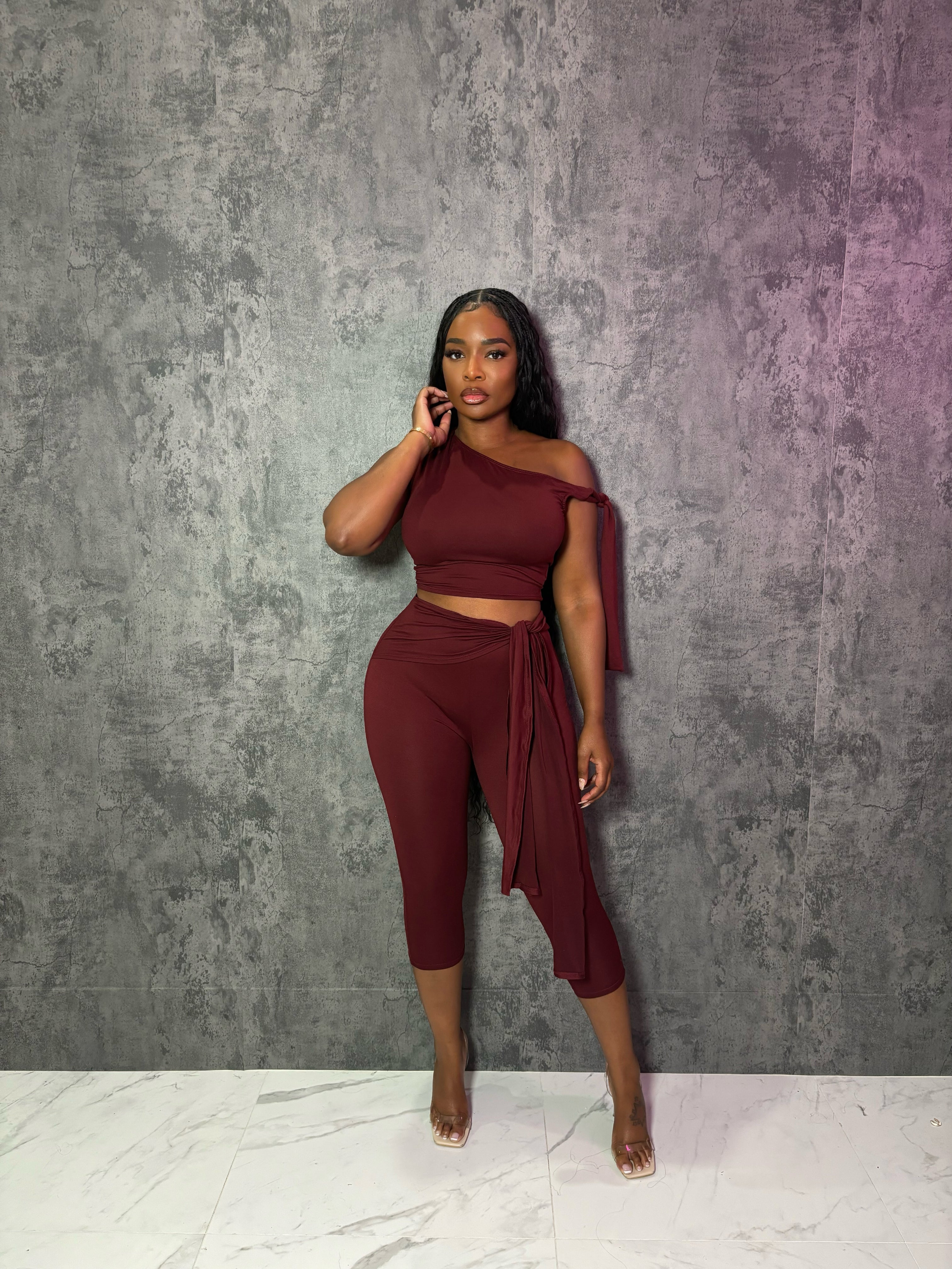 Wine tie Capri pant set