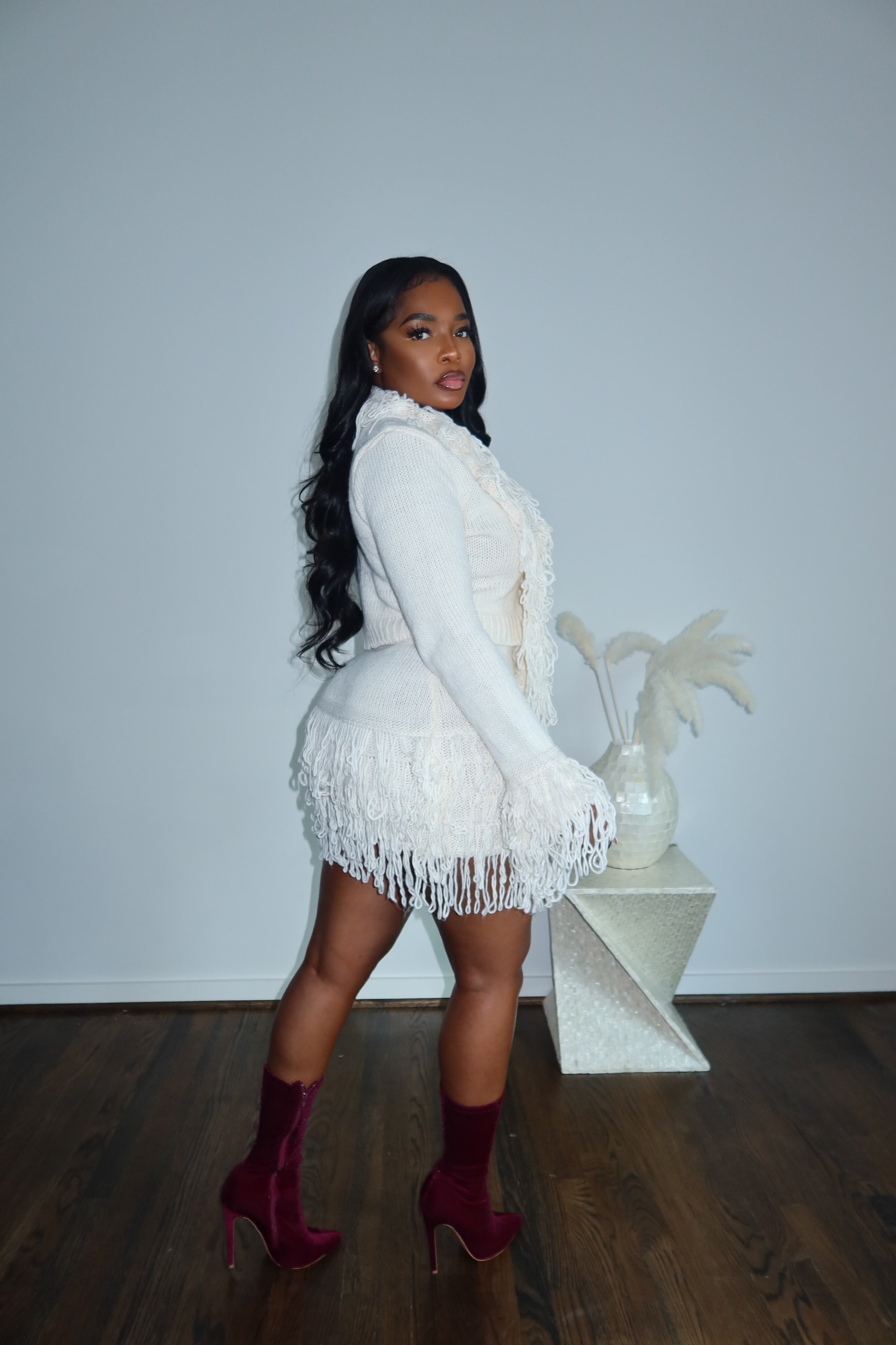 Cream fringe skirt set