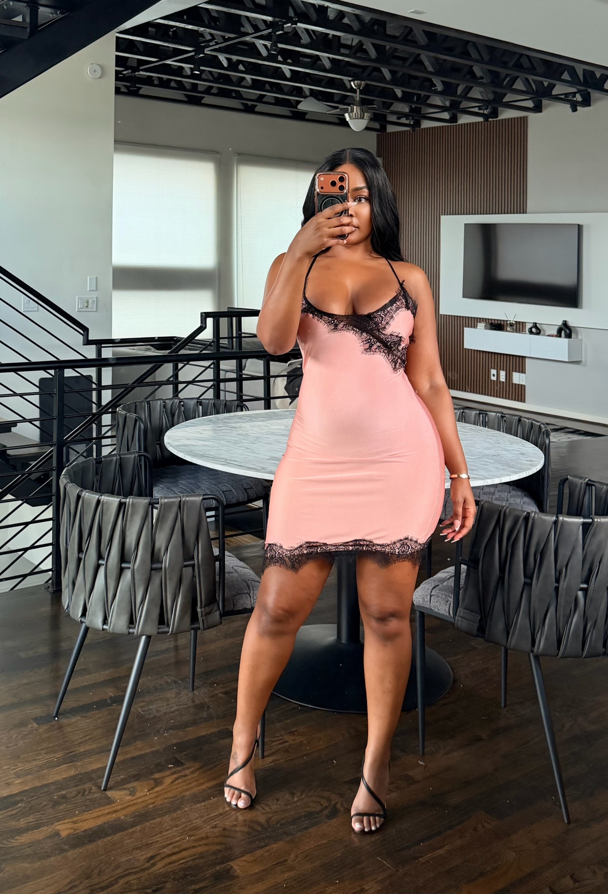 Pink lace and satin dress