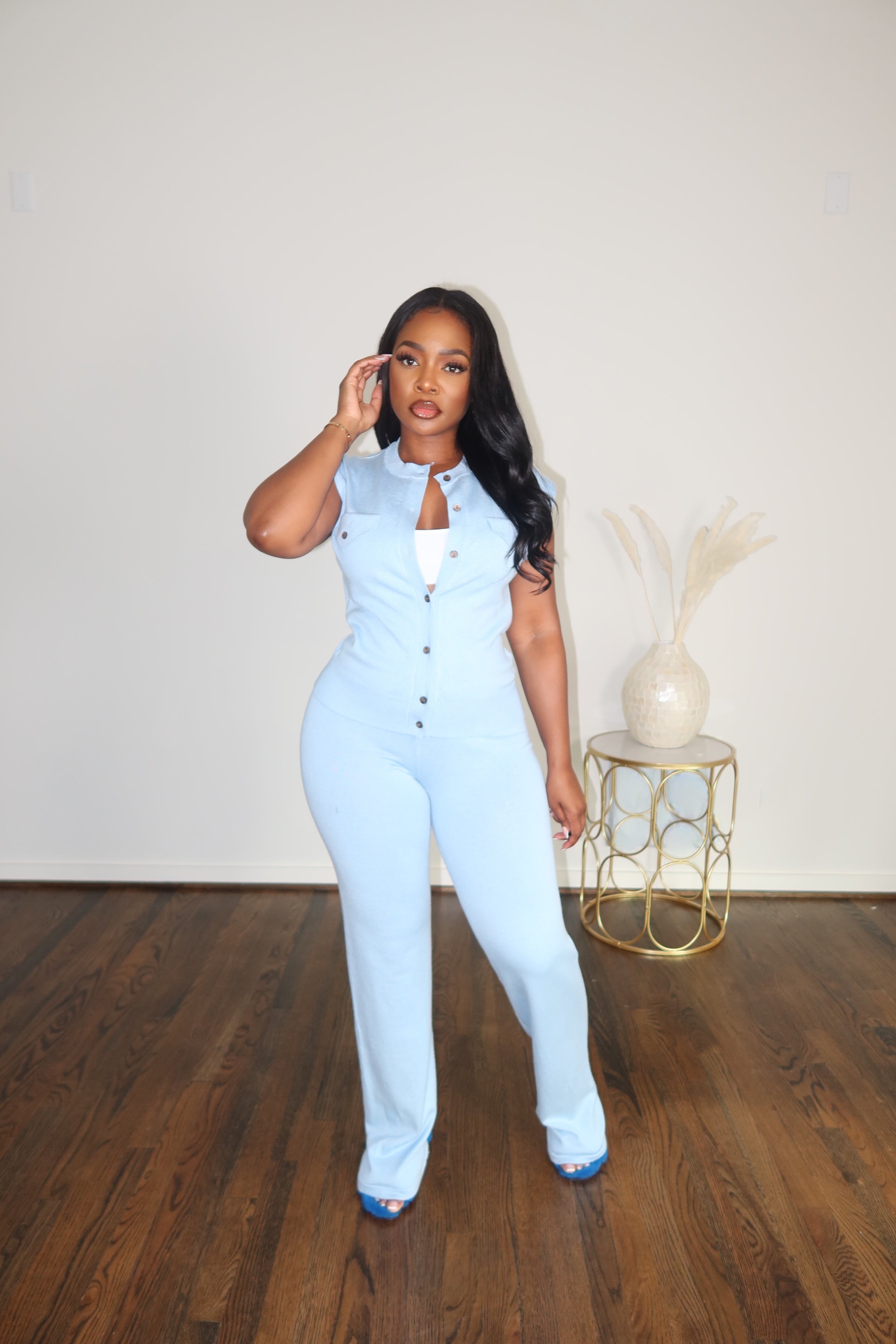 Blue cardigan pant set