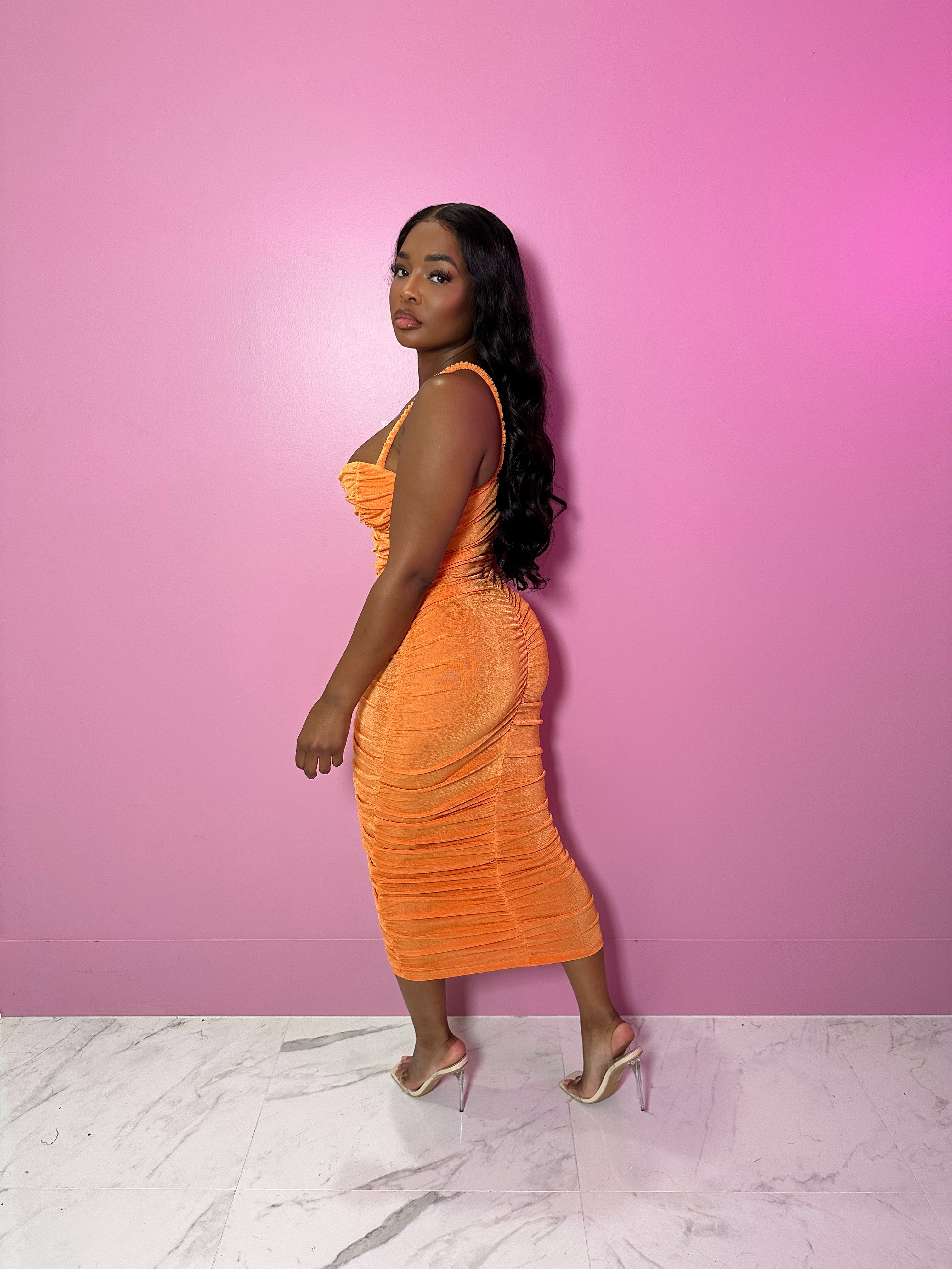 Ruched orange sweetheart dress