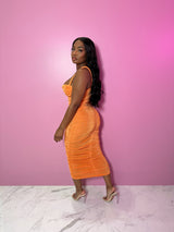 Ruched orange sweetheart dress