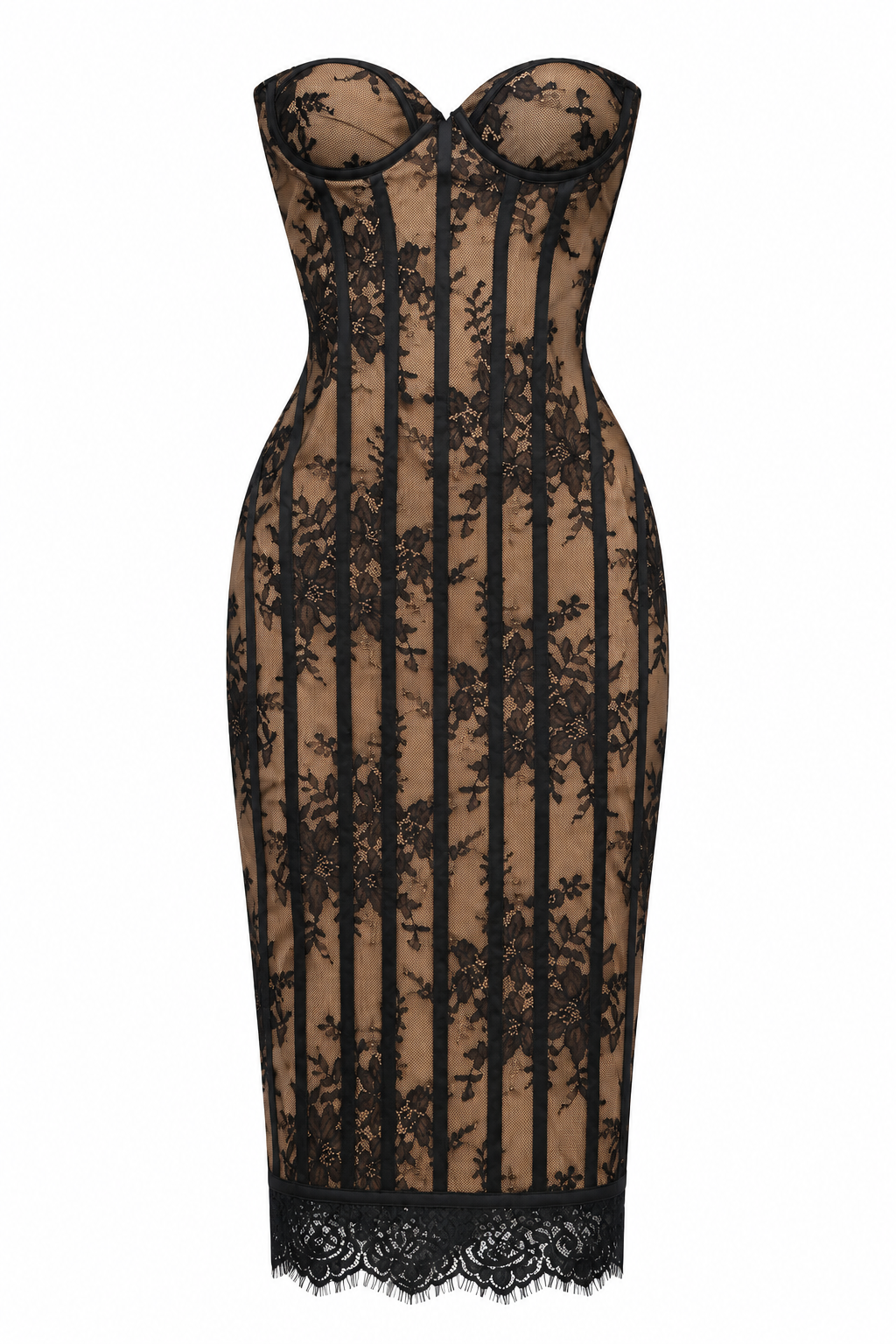 Nude through lace bustier dress