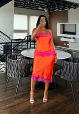 Tangerine satin lace skirt set