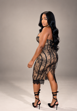 Nude through lace bustier dress