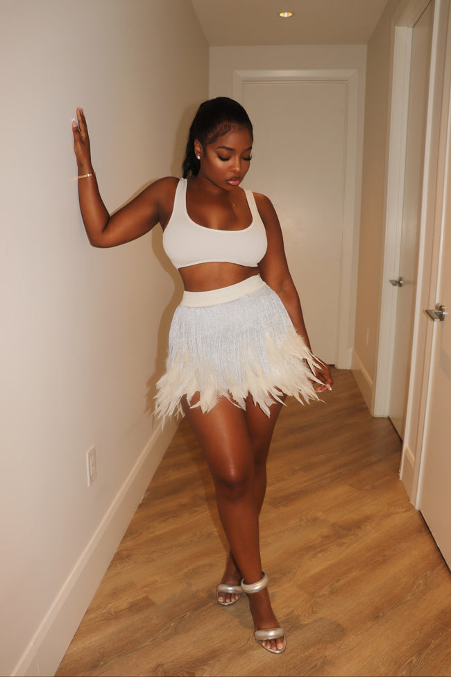 Silver and feather mini skirt