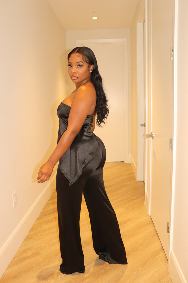 Black satin asymmetric set