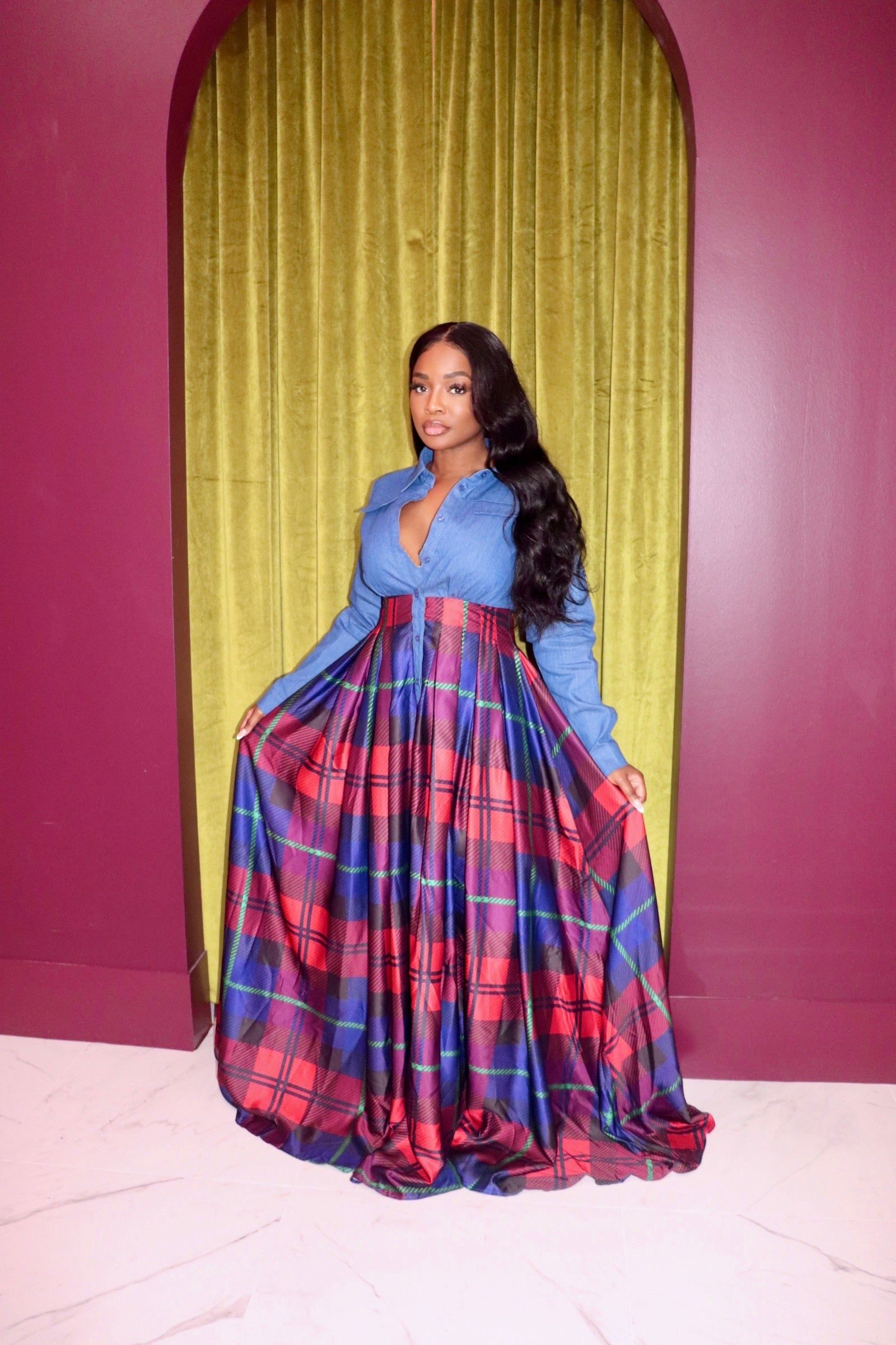 Denim and Plaid Dress L
