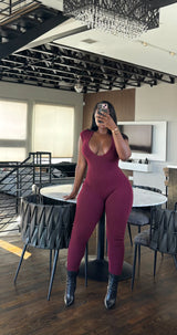 Wine V cut jumpsuit