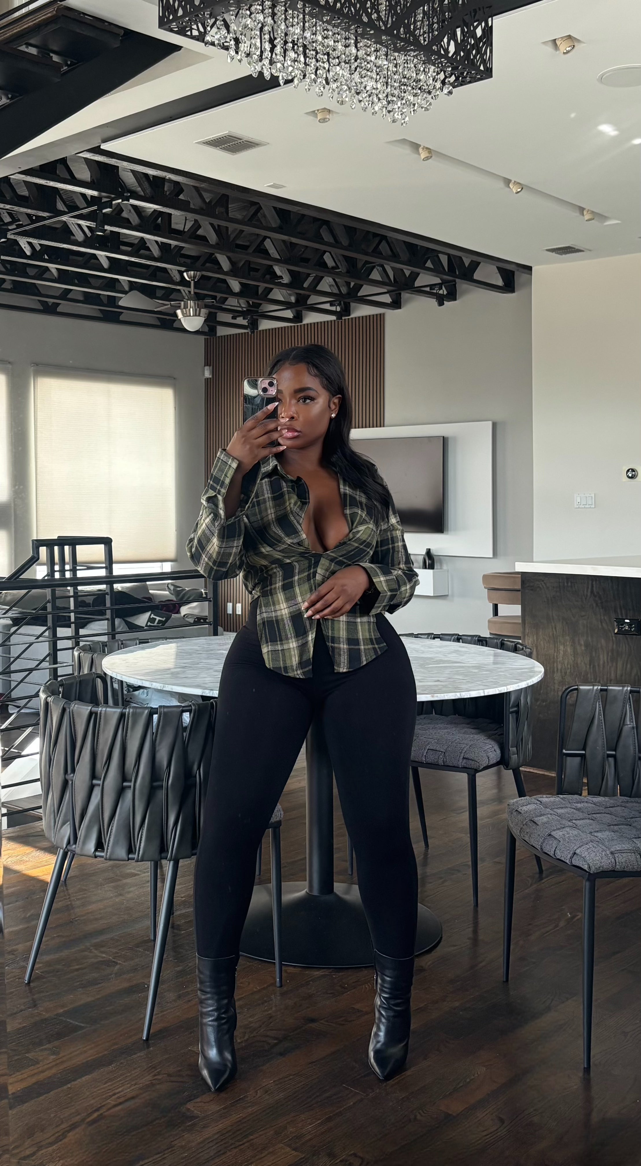 Olive plaid slit top