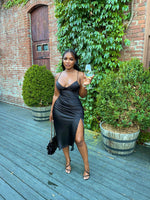 black satin slip dress