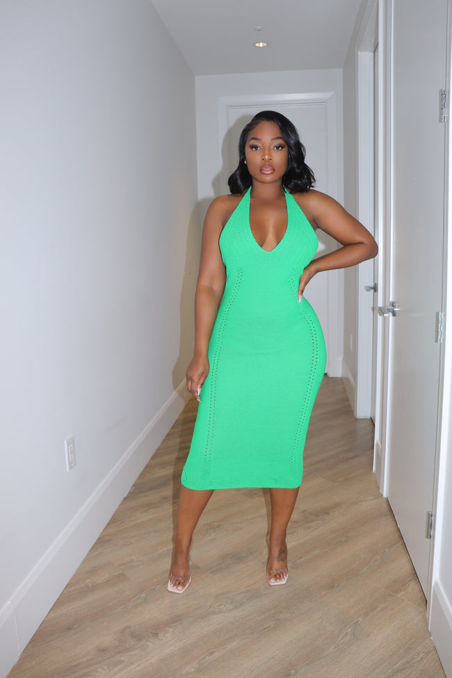 Green halter knit dress