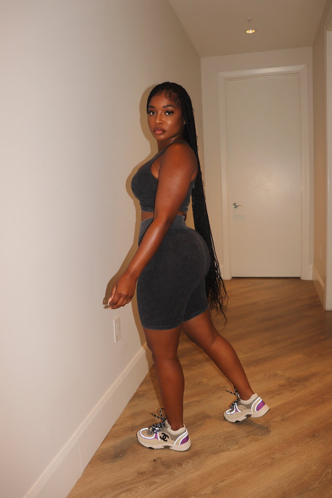 Black washed biker short set
