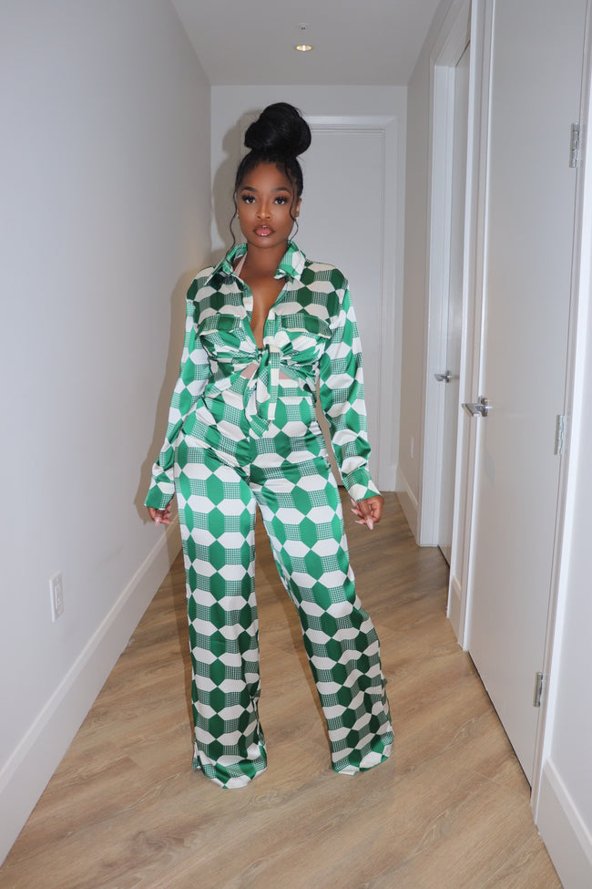 Green block satin pant set