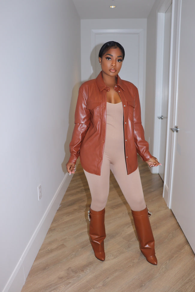 cognac vegan leather blouse