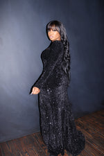 Black sequin high split gown