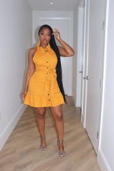 Mustard halter flair dress
