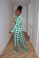 Green block satin pant set
