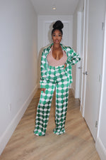 Green block satin pant set
