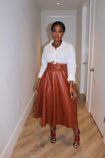 Cognac vegan leather skirt set