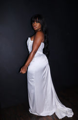 White satin drape gown